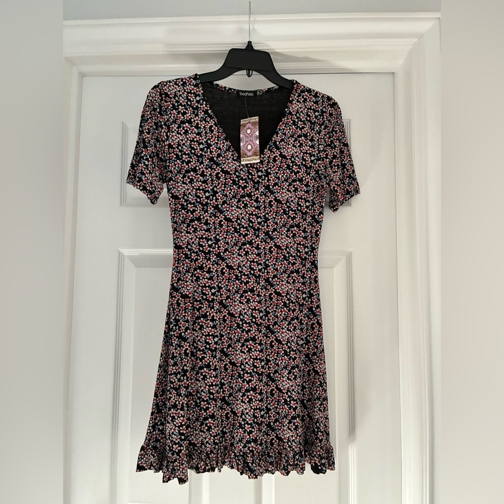 Boohoo Navy and Pink Floral Mini Dress